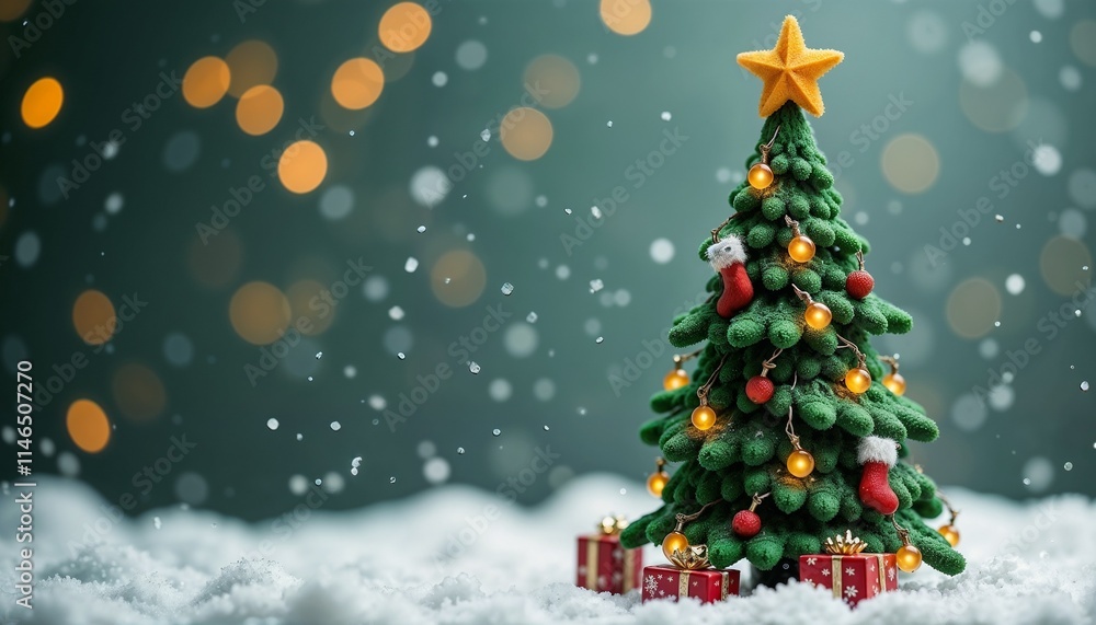 Wool Christmas tree with a yellow star, glowing lights, and gift boxes, set against a snowy background with falling snow and twinkling lights with copy space Wool Christmas tree with a yellow star, glowing lights, and gift boxes, set against a snowy background with falling snow and twinkling lights with copy space