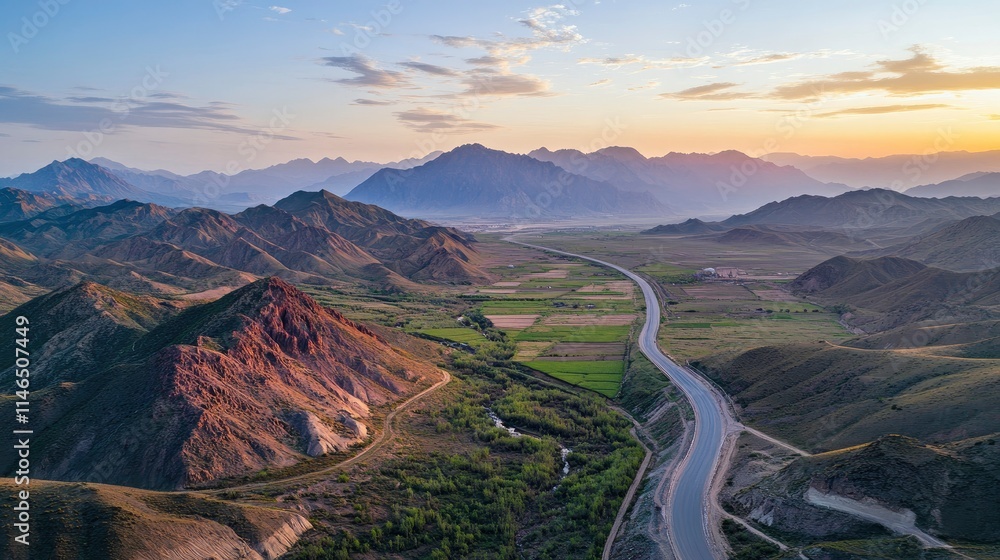 Asphalt road with green mountain nature landscape in Xinjiang at sunset, China. Asphalt road with green mountain nature landscape in Xinjiang at sunset, China.