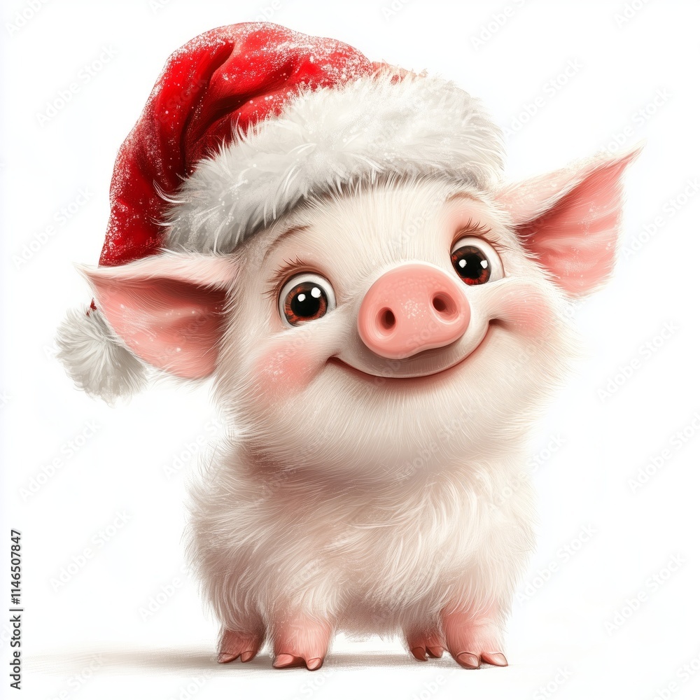 Cute Piglet Wearing Santa Claus Hat Smiling on White Background Cute Piglet Wearing Santa Claus Hat Smiling on White Background