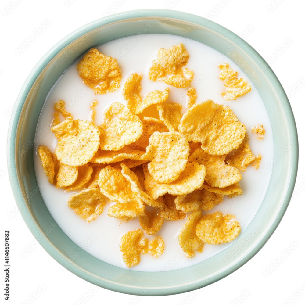 A bowl of cornflakes immersed in milk, showcasing a crunchy breakfast option, white background, transparent background. A bowl of cornflakes immersed in milk, showcasing a crunchy breakfast option, white background, transparent background.