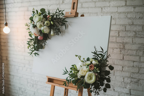 Floral decorated canvas on easel against white brick wall, serene wedding vibe