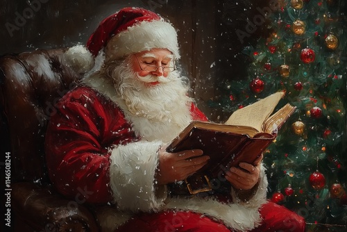 Santa Claus reading a book near Christmas tree in a vintage oil painting style