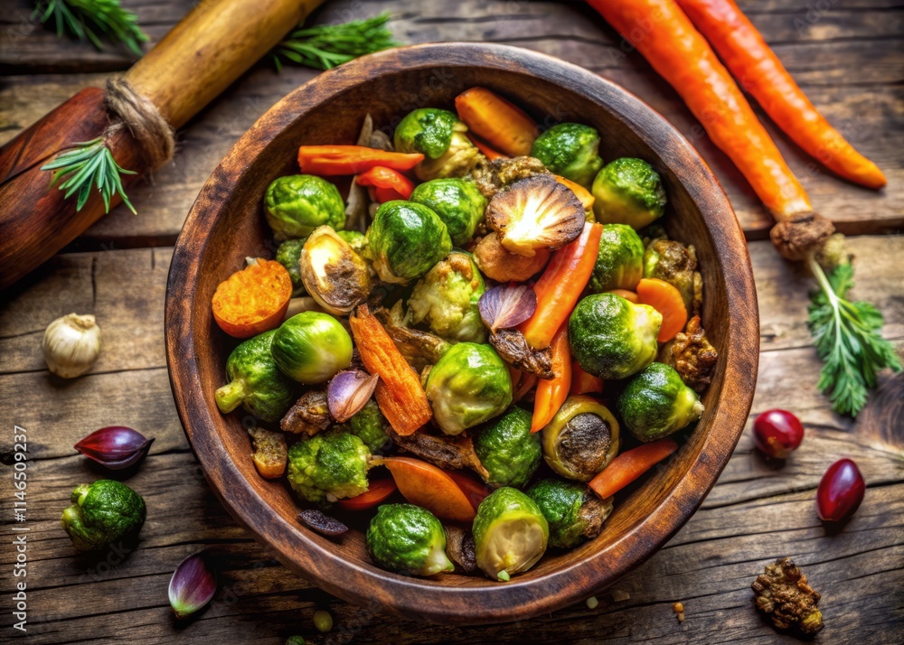 Aerial View Roasted Brussels Sprouts & Carrots - Autumn Harvest Vegetable Dish Aerial View Roasted Brussels Sprouts & Carrots - Autumn Harvest Vegetable Dish