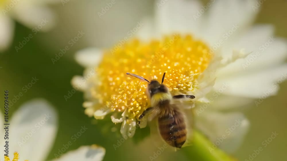 Bee pollinates flower in a sunny garden during springtime, showcasing nature's cycle Bee pollinates flower in a sunny garden during springtime, showcasing nature's cycle