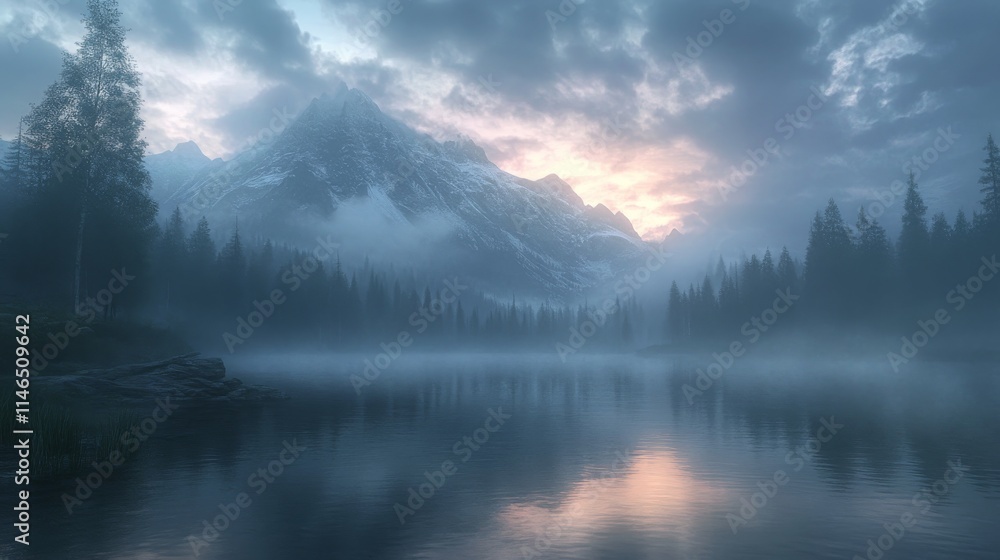 Fototapeta premium Misty Mountain Lake at Sunrise Scene