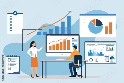 Business team analyzing and monitoring data on web report dashboards, focusing on research, analytics, and financial investment concepts for corporate strategy and growth insights.