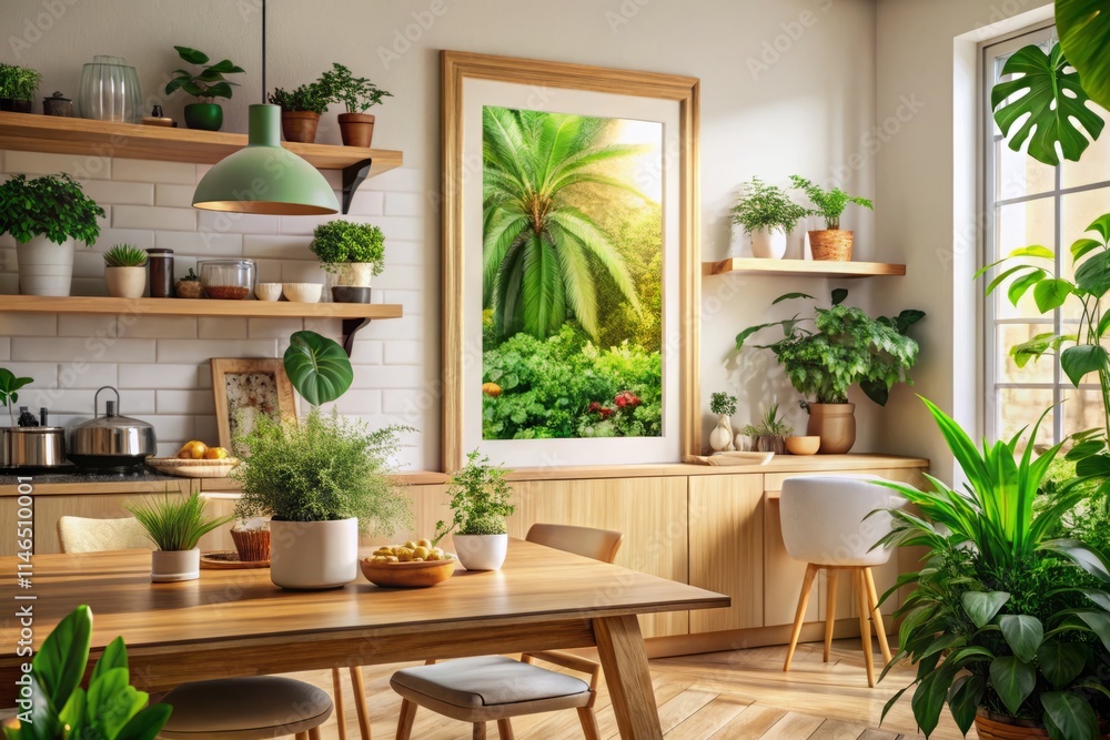 custom made wallpaper toronto digitalCozy Kitchen Frame Mockup: 50x70cm Wood Frame in Warm Plant-Filled Setting