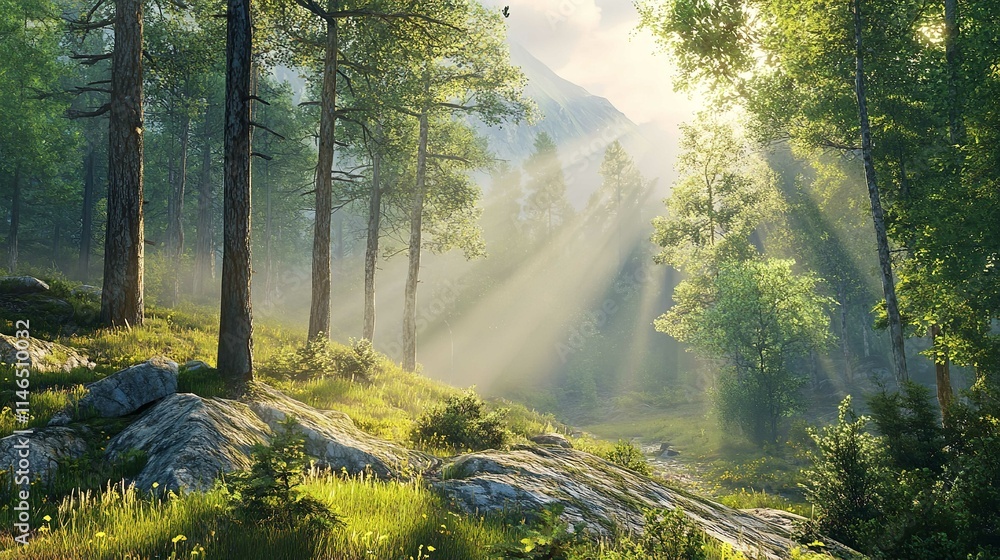 Obraz premium Mountain Landscape with Sun Beams in Ukrainian Carpathians