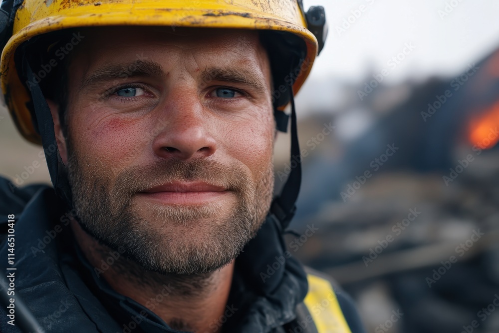 A confident firefighter smiles in the face of flames, showcasing his bravery and unwavering spirit while embodying commitment to his profession and community. A confident firefighter smiles in the face of flames, showcasing his bravery and unwavering spirit while embodying commitment to his profession and community.