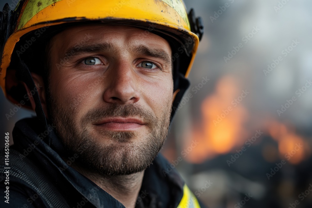 Fototapeta premium This close-up photo of a focused firefighter reveals a mix of determination and empathy, surrounded by the fiery backdrop of an ongoing incident, representing selflessness.