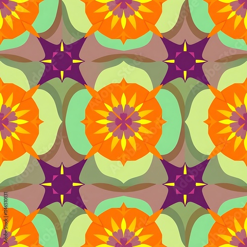 Abstract Floral Pattern: A vibrant and intricate design featuring a captivating blend of orange, purple, green, and yellow hues. This seamless pattern evokes a sense of energy, beauty.