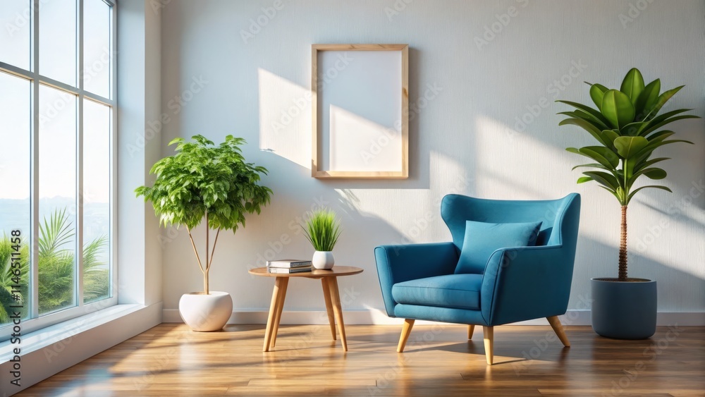 Fototapeta premium Minimalist Bright Interior Mockup: Blue Armchair, Houseplant, Wide-Angle Picture Frame