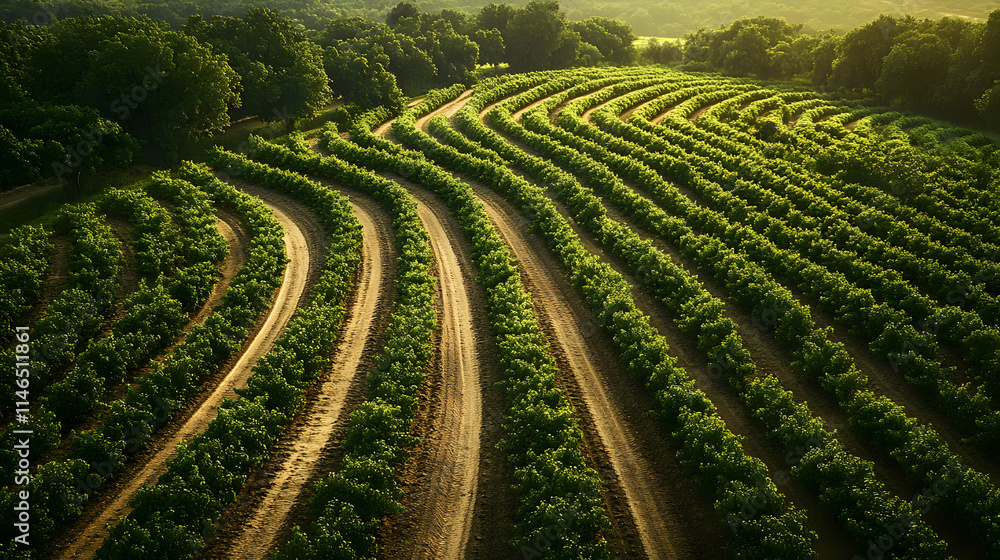 Aerial view of lush vineyard rows in a picturesque landscape at sunset. Aerial view of lush vineyard rows in a picturesque landscape at sunset.