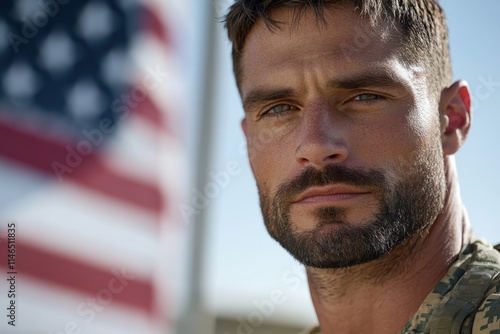 An impactful image of a determined soldier featured prominently in front of an American flag, symbolizing unwavering commitment to duty and national pride in military service. photo