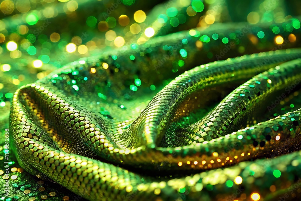 Fototapeta premium Sparkling Green Sequin Fabric on Golden Glitter Background - Close-Up Texture