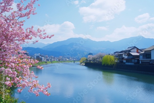 Beautiful and cute Kawazu Zakura Sakura cherry blossoms against blue sky, Kawazu River, Shizuoka, Japan. Wallpaper background  photo