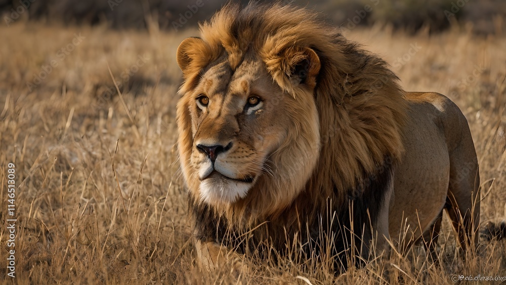 Majestic African Lion in Golden Savanna Grassland Majestic African Lion in Golden Savanna Grassland