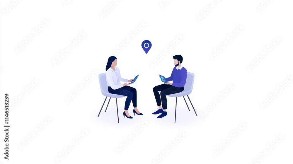 Two individuals sit facing each other, each using a device, with a location pin symbol above, suggesting a digital or virtual communication setting. Two individuals sit facing each other, each using a device, with a location pin symbol above, suggesting a digital or virtual communication setting.