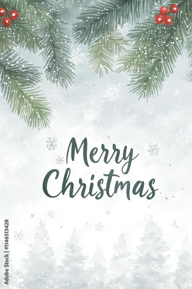 Snowy Christmas background with fir branches and red berries decorating a watercolor winter landscape Snowy Christmas background with fir branches and red berries decorating a watercolor winter landscape