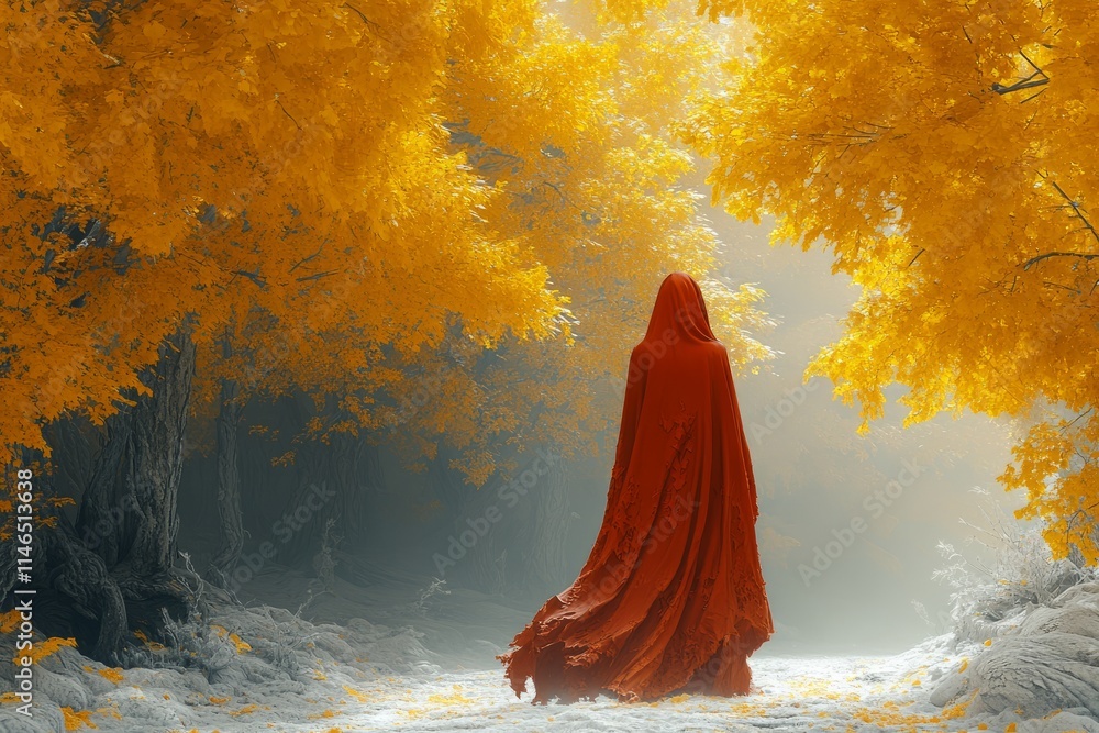 Woman in deep red cloak amidst golden autumn foliage Woman in deep red cloak amidst golden autumn foliage