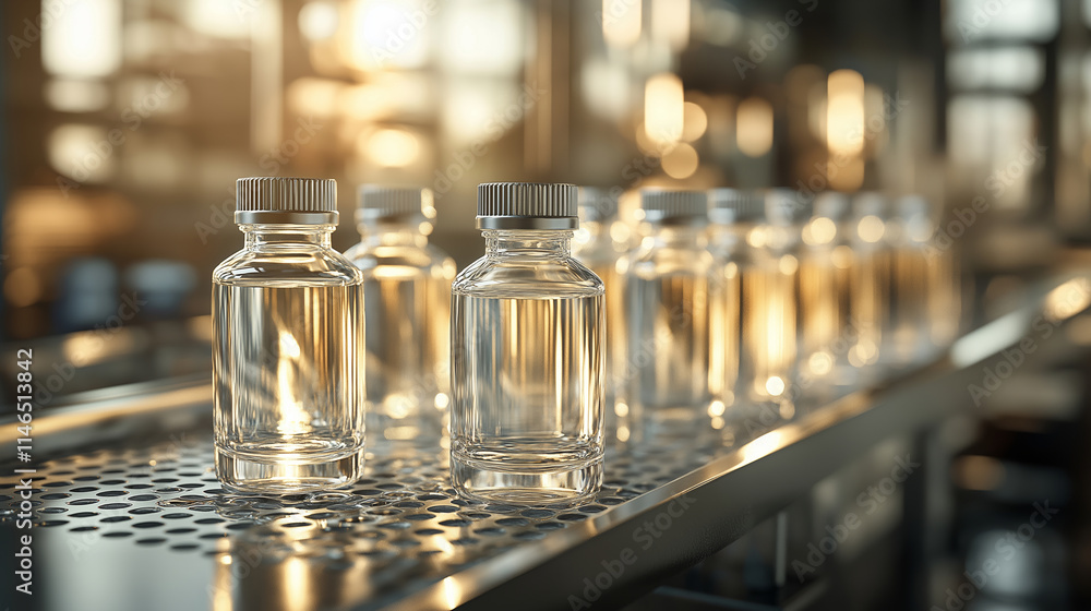 Multiple glass vials filled with clear liquid Multiple glass vials filled with clear liquid