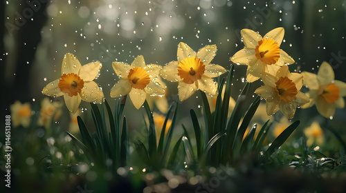 Yellow daffodils glistening in a sunlit rain.