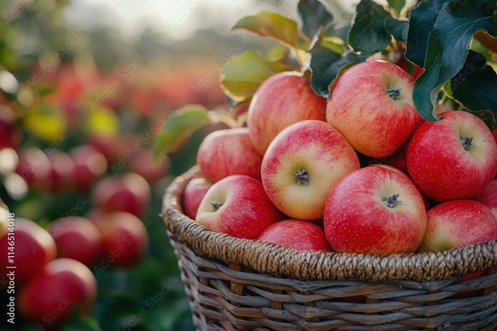 Ripe red apples in a wicker basket, orchard background. Ripe red apples in a wicker basket, orchard background.