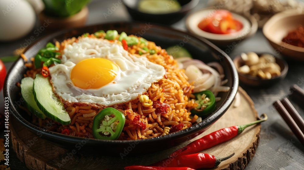 Vibrant Spicy Fried Rice Topped with an Egg and Fresh Vegetables Vibrant Spicy Fried Rice Topped with an Egg and Fresh Vegetables