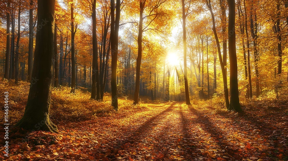 Fototapeta premium Panoramic Sunny Forest in Autumn 16K Resolution Ultra