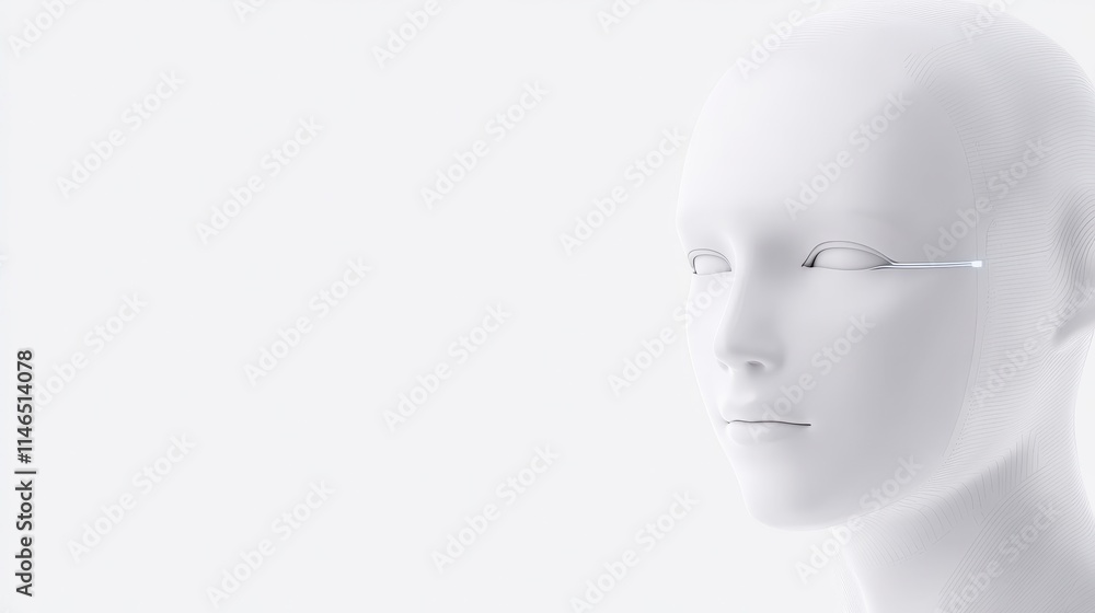 A minimalist, white mannequin head with a serene expression, featuring a subtle line across the eye, set against a blank white background. A minimalist, white mannequin head with a serene expression, featuring a subtle line across the eye, set against a blank white background.
