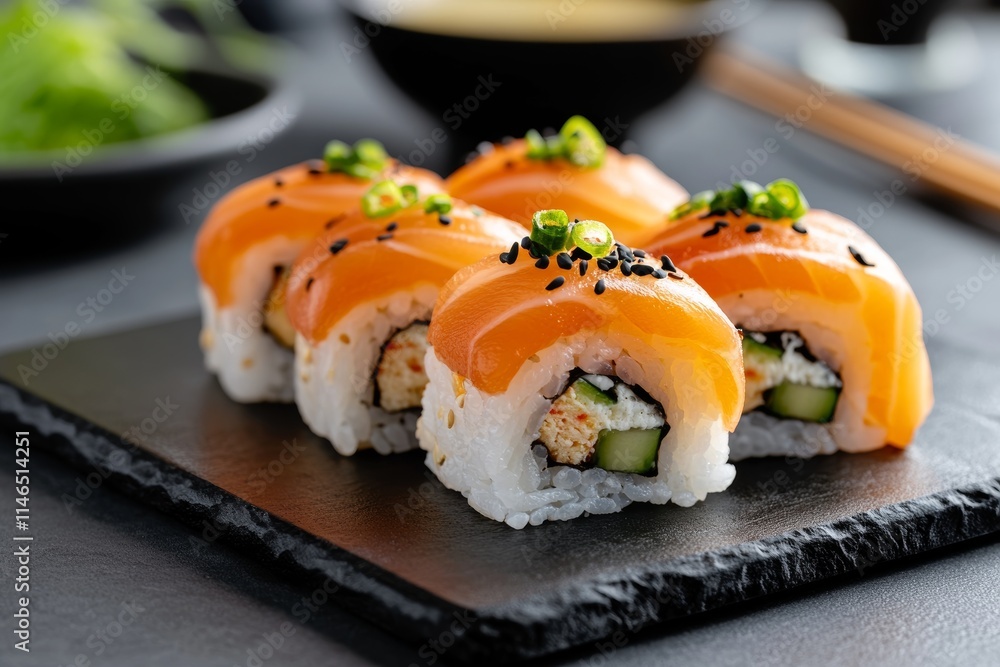 A close-up of sushi rolls topped with salmon and garnished with green onions on a slate plate. A close-up of sushi rolls topped with salmon and garnished with green onions on a slate plate.