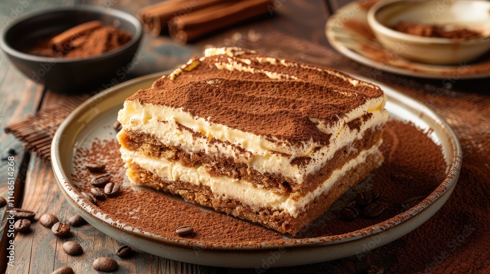 Indulgent Tiramisu on Rustic Table with Coffee Accents Indulgent Tiramisu on Rustic Table with Coffee Accents