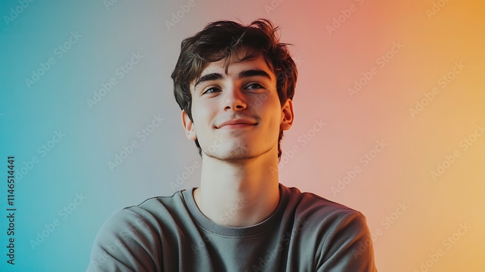 Obraz premium Portrait of a Smiling Young Man Against a Gradient Background
