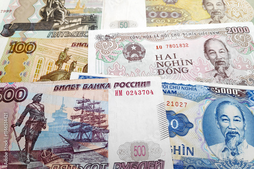 Stack of Russian Ruble and Vietnamese Dong photo