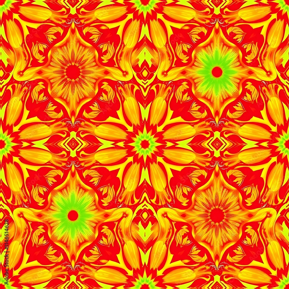 Fiery Floral Mandala: A vibrant, seamless pattern in shades of fiery orange, red, and lime green. Intricate floral designs create a captivating kaleidoscope effect. Fiery Floral Mandala: A vibrant, seamless pattern in shades of fiery orange, red, and lime green. Intricate floral designs create a captivating kaleidoscope effect.