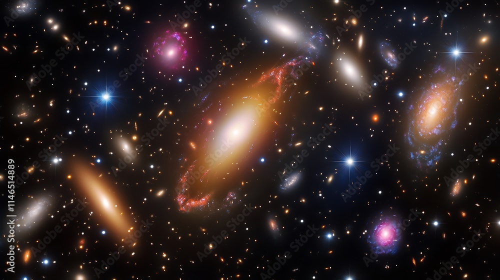 Stunning galaxy clusters surrounded by a colorful cosmic nebula under a glowing space sky Stunning galaxy clusters surrounded by a colorful cosmic nebula under a glowing space sky