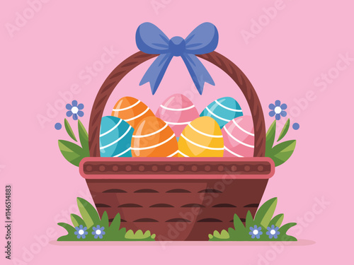 Easter illustration featuring a wicker basket filled with colorful, polka-dotted eggs