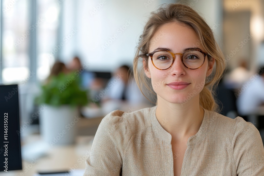 This image captures a young professional woman in an office setting, showcasing her confidence and positive demeanor, essential for modern working environments. This image captures a young professional woman in an office setting, showcasing her confidence and positive demeanor, essential for modern working environments.