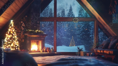Animated Lo-fi loop background. Winter christmas cozy living room with fireplace window and snow. Magical and fantasy atmosphere. Generative AI