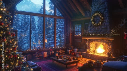 Animated Lo-fi loop background. Winter christmas cozy living room with fireplace window and snow. Magical and fantasy atmosphere. Generative AI