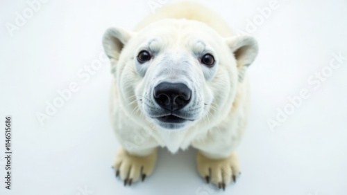 Curious polar bear pup stares into camera on ice photo