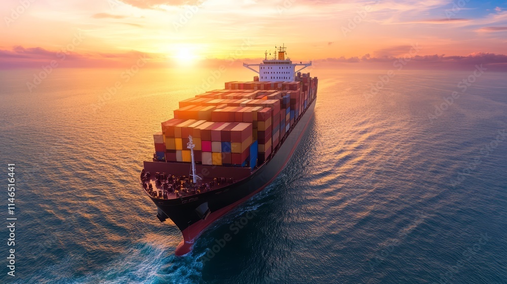 Cargo Ship at Sunset with Shipping Containers on Open Water Cargo Ship at Sunset with Shipping Containers on Open Water