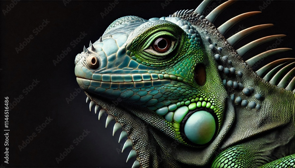 Fototapeta premium Portrait of a Vibrant Green Iguana Showcasing Its Unique Scales and Spines