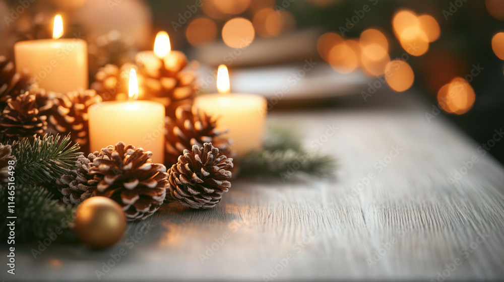 Festive Candles And Pinecones On Rustic Table With Christmas Ornaments Festive Candles And Pinecones On Rustic Table With Christmas Ornaments