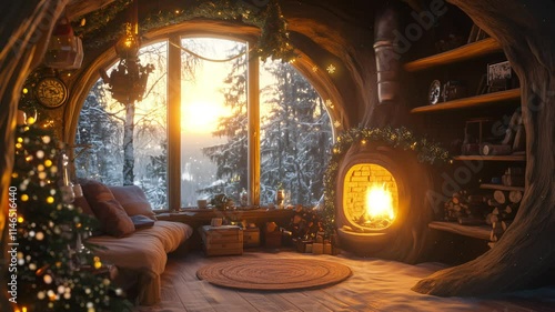 Animated Lo-fi loop background. Winter christmas cozy living room with fireplace window and snow. Magical and fantasy atmosphere. Generative AI