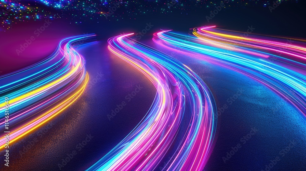 Abstract swirling neon light trails in a dark background