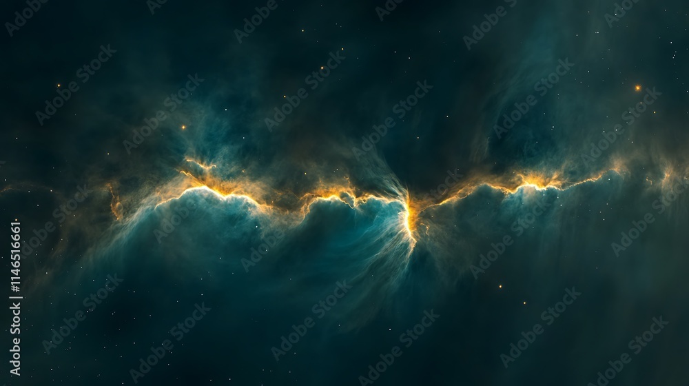 Cosmic cloud nebula in vibrant teal and gold hues with distant galaxies glowing in the cosmos Cosmic cloud nebula in vibrant teal and gold hues with distant galaxies glowing in the cosmos