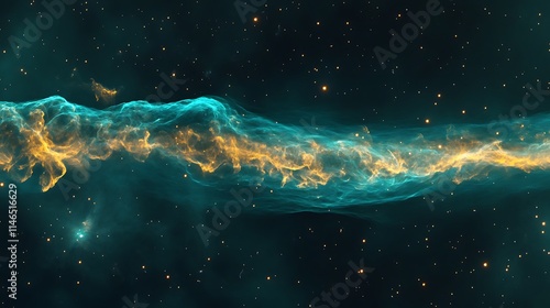 Cosmic cloud nebula in vibrant teal and gold hues with distant galaxies glowing in the cosmos