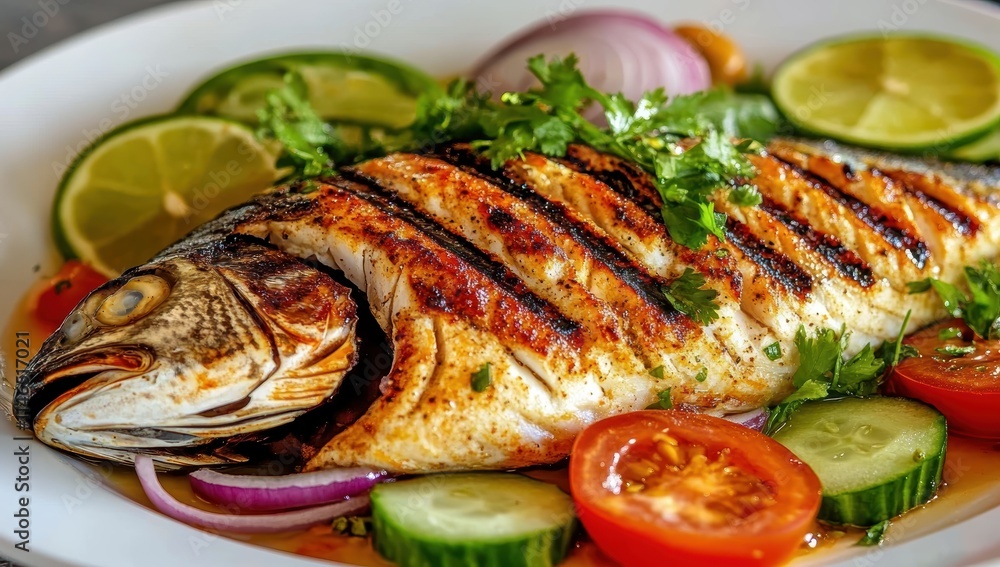 Delicious grilled dorado fish with vegetables and lime