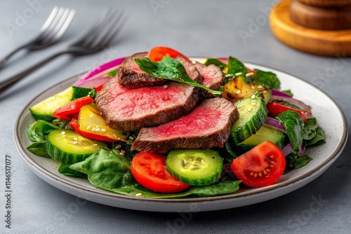 Corte de carne de res tailandesa servido con ensalada fresca y colorida